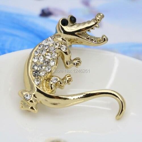 Crocodile Rhinestone Brooch Gold-Color Breastpin Glass Brooches Crystal Wedding Gifts Jewelry making Design 40*47mm Ornaments