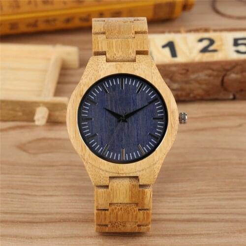 Antique Simple Wooden Clock Men Quartz Analog Timepiece Blue Green Dial Design Full Bamboo Bracelet Present Wristwatch for Man