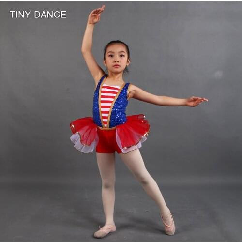 Kids Jazz and Tap Costumes Royal Blue Sequin and Red/white Straps Leotard Bodice with Red Tulle Dance Costume for Girls 20128