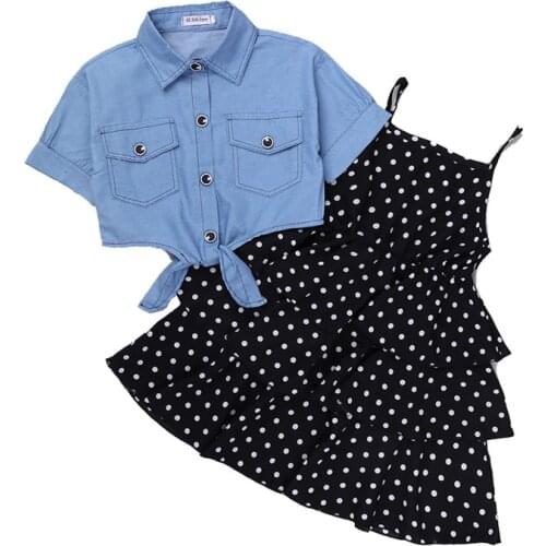 HE Hello Enjoy Girls Clothes Sets 2021 Summer Teenagers Dot Sling Princess Dress +Denim Blouse 2pc Kids Big Girl Dresses 25