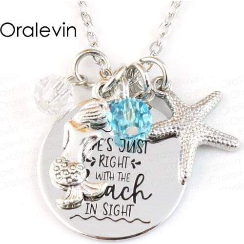 LIFES JUST RIGHT WITH THE BEACH IN SIGHT Engraved Disc Pendant Charms Necklace Lover Gift Jewelry,#LN150