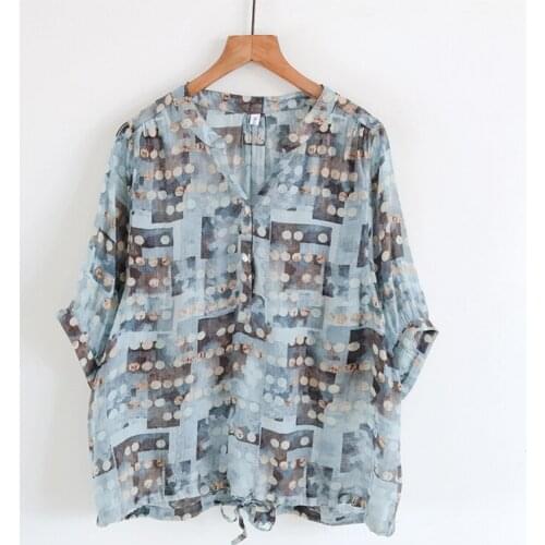 Lightweigth Cotton Linen Printed Women Shirts Summer Vintage V-Neck Batwing Sleeved Loose Female Outwear Coats Tops