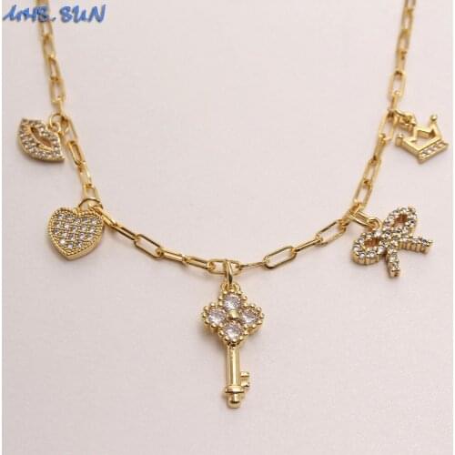 MHS.SUN Mini Key/Heart/Lip/Bowknot/Crown Zircon Pendant Necklace Women Chain Necklace For Grils Fashion Choker Gifts Jewelry