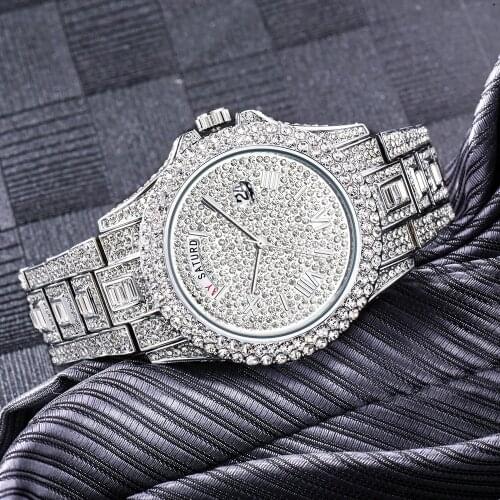 MISSFOX Dual Calendar Quartz Mens Watch Diamond Silver Watch For Men Waterproof Luxury Gold Iced Out Steel Relogio Masculino