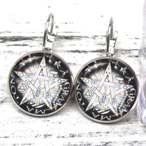 New Retro Satanic Baphomet Five-pointed Star Earrings Gothic Silver-plated Earrings Devil Five-pointed Star Glass Pagan Charm