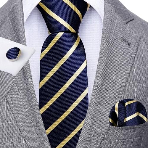 New Gold Striped Men Tie Set Silk Jacquard Necktie Wedding Business Handkerchief Cufflinks Red Tie Barry.Wang Designer FA-5339