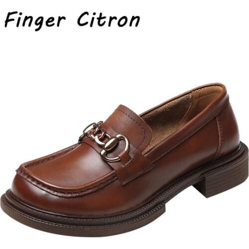 Finger Citron Genuine Cow Leather Women Loafer Shoes Square Heel Round Toe With Metal Retro By Handmade Comfortable Size 35-41