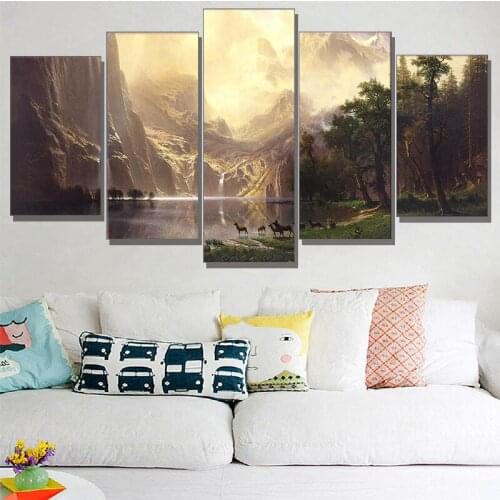 Drop Shipping 5 Pcs Canvas Art Mountain Lake Deers HD Printed Wall Art Home Decor Canvas Painting Picture Poster Prints