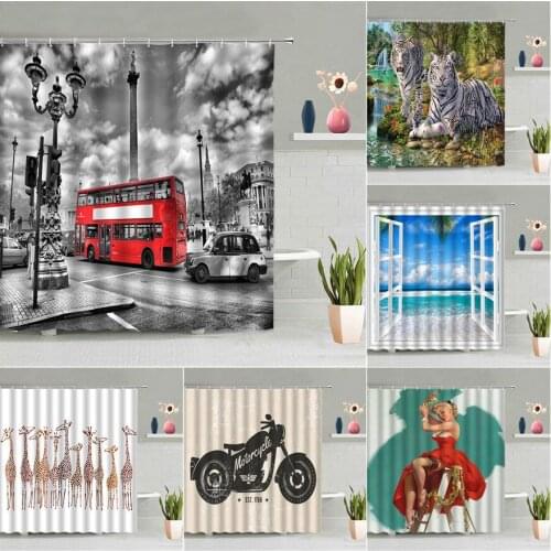 Retro Vintage Street Scenery Shower Curtain London Big Ben Nostalgic Bus Bathroom Bathtub Decor Screen Washable Hanging Curtains