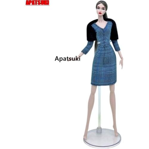 Blue Plaid Dress Black Wrap Cape For Barbie Doll Clothes Outfits Set Fashion Party Dresses 1/6 BJD Dolls Accessories Kids Toys