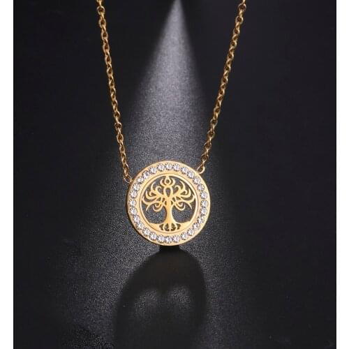 Skyrim Clear Zircon Tree of Life Round Pendant Necklace for Women Girls Stainless Steel Gold Color Viking Choker Necklaces Gift