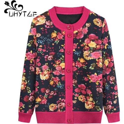 UHYTGF Warm autumn winter sweater women fashion printed knit sweater jacket Female elegant mom plus size tops cardigan women 705