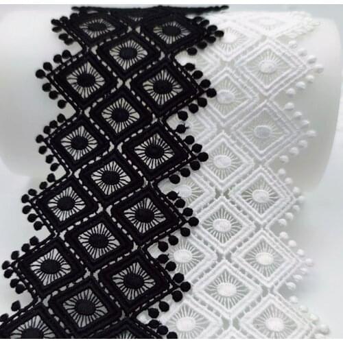 Pom Pom Embroidered Lace Ribbon 75 mm wide Black White Hollow Out DIY Wedding Sewing Fabric Lace For Dress Clothing Decoration