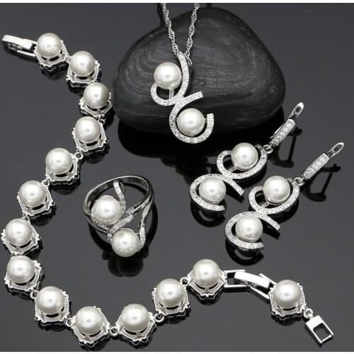 925 Sterling Silver Bridal Jewelry Sets For Women Pearl Cubic Zirconia Earrings Pendant Necklace Ring Pearl Bracelet