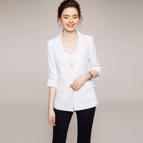 Women Tops Summer New Ol Women Silk Suit Collar Straight White Black Office Causal Coat Silk Jacket HZZ1260