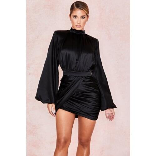 Deive teger women satin dress long sleeve draped celebrity evening party office lady black mini dress 8341