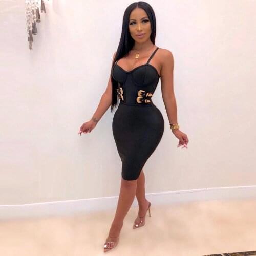 2020 Sexy Summer Women Bandage Dress Belt Metal Spaghetti Strap Good Quality Mini Club Party Fashion Backless V Neck Wholesale