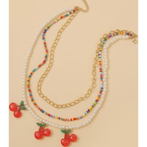 Harajuku Resin Cherry Pendant Necklaces For Women Colorful Measle Beads Chains Jewelry Vintage Boho Fruit Pearl Choker Gift New