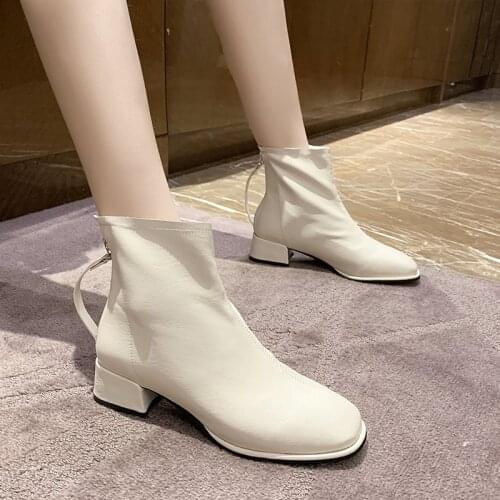 Winter Shoes Women Ankle Boots Fashion Square Heel Female Round Toe Black Boots Pu Zipper White Boots Femmes Bottes Size 34-43