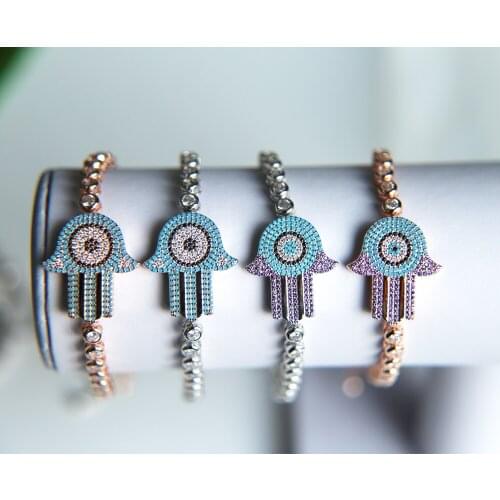 2018 high quality cz zircon Bracelets Hamsa Hand Charm Bracelets for Women blue purple stones Jewelry Gifts adjustable size