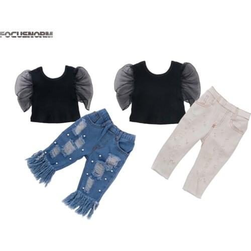 2020 Fashion Infant Baby Girls Clothes Sets 0-5Y Puff Sleeve Solid T Shirts Tops Pearl Blue Denim Pants