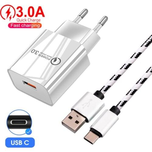 Type C Cable For Samsung S21 S10 S9 S8 + Note 10 8 9 A12 18W QC3.0 Adaptive Fast Charge Travel Adapter Wall Charger USB C Cable