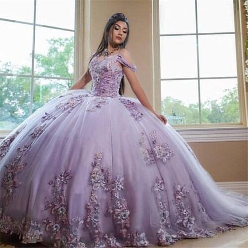 Lavender Ball Gown Quinceanera Dresses with Lace Applqiues Off the Shoulder Sweet 16 Prom Dress Party Wear vestido de 15 anos