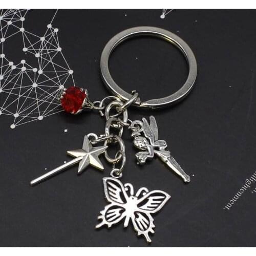 1 butterfly keychain with red beads metal accessories keychain fairy magic wand pendant jewelry car keychain gift