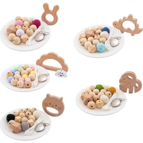 1 set Wooden Bead Wood Teether Rodent Animal Pandent Crochet Beads BPA Free DIY Accessories Set Pacifier Chain Clips Nylon Rope
