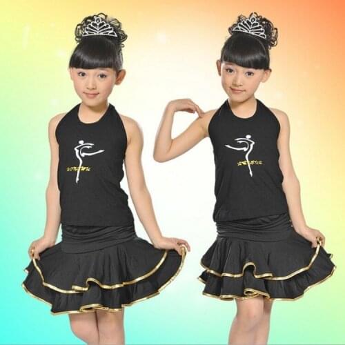Children Dance Clothing Clothes for Girls Latin Dance Suit Black Top + Skirt 2 Pcs for Latin Dance