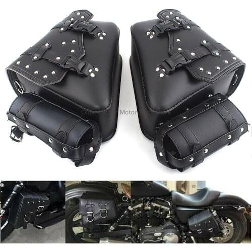 Motorcycle retro black rivet saddle bag rear side tool bag with water bag moto waterproof buckle side storage bag universal