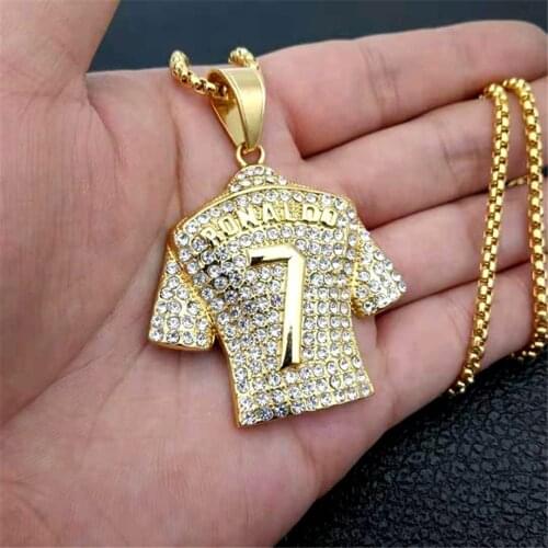 Mens Necklace Football 7 Pendant With Stainless Steel Chain and Iced Out Bling Rhinestones Necklace Hip Hop Sports Jewelry