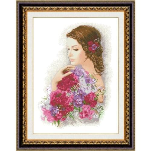 Beauty and flowers cross stitch kit with beads 18ct 14ct 11ct white fabric cotton thread embroidery DIY handmade needlework