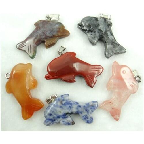 Natural Gem stone Quartz crystal tiger eye Opalite Turquoises dolphin pendant for diy Jewelry making necklace Accessories 12PCS