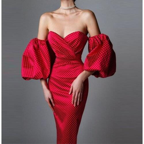 Autumn High Waist Slim Pencil Skirt Strapless Tube Top Lantern Sleeve Generous Women Dress Half Female Long Dress Dot Print Sexy