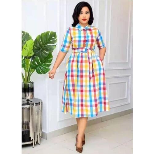 African Autumn Fall Lapel Mid-Calf High Waist Dress Big Plus Size Grid Printed Elegant Office Ladies Tunic Pleated Midi Dress