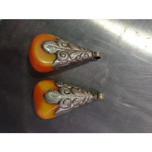 Rare Old QingDyansty silver&Beeswax pendant Statue / Sculpture,A PAIR,Free shipping