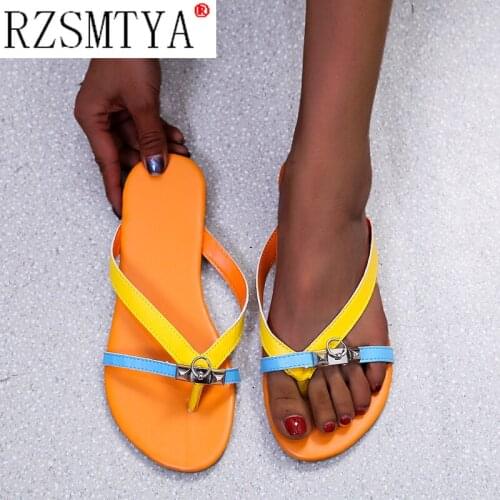 Size 43 Womens Slippers Summer New Fashion Metal Buckle Slides Shoes Flat Beach Sandals Outside Leisure Flip Flops