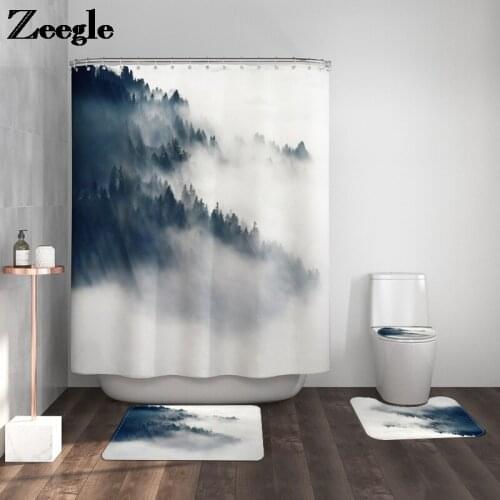 Modern Scenic Bath Mat Shower Curtain Set Microfiber Absorbent Bathroom Rug and Polyester Waterproof Shower Curtain Toilet Mat