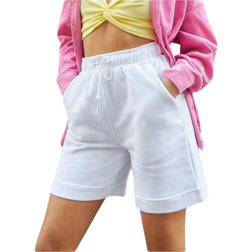 Women Summer Casual Shorts 2021 New Solid Color Drawstring High Waist Short Pants with Pockets for Girls S-L Black/White