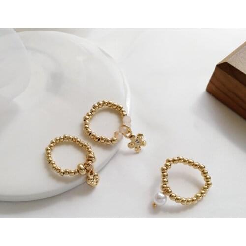 Female Trendy Korean Handmade Small Flowers Love Heart Rice Beaded Ring For Women Fashion Jewelry Stretch Weave Style Rings