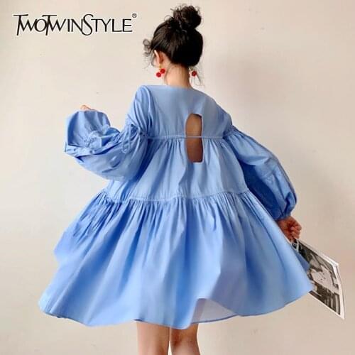 TWOTWINSTYLE Elegant Backless Dress For Women V Neck Lantern Loose Sleeve High Waist Dresses Female Fashion Summer New 2020