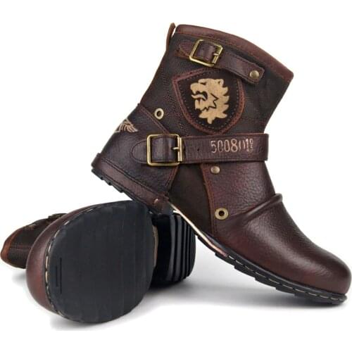 OTTO ZONE New Fashion Genuine Leather Mens Ankle Boots High Quality Breathable Work Cowboy Boots Motorcycle Boots Men Winter