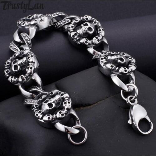 Hip Hop Rocker Gothic Skull Head Bracelet Men Gold Plated Stainless Steel Hand Chain Homme Armband Biker Jewelry Friendship Gift