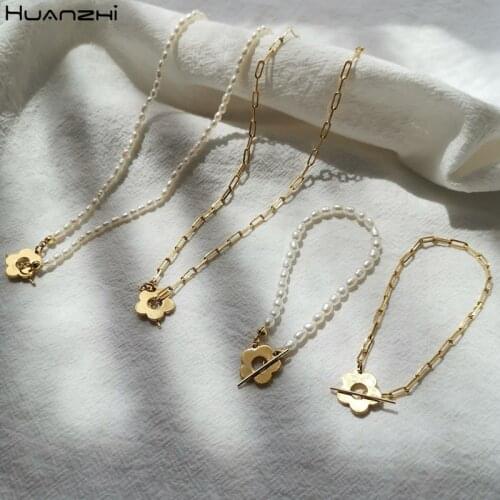 HUANZHI 2020 Natural Pearl Double Layer Metal Choker Flower OT Buckle Punk Clavicle Chain Gold Beads Necklace for Women Jewelry