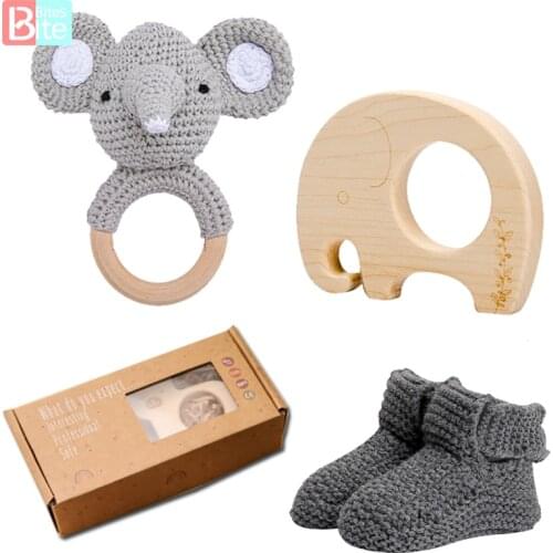 Bite Bites 3Pcs/Set Baby Teether Set Cartoon Wooden Teether Crochet Shoes With Box Kids Molar Gift Newborn Educational Products
