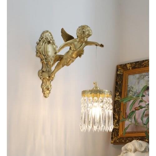 French retro angel wall lamp bedroom bedside living room aisle medieval luxury American crystal wall lamp