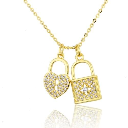 WTLTC 2021 New Double Heart Lock Pendant Necklaces for Women Cubic Zirconia Love Necklaces Simple Hanging Layered Chokers