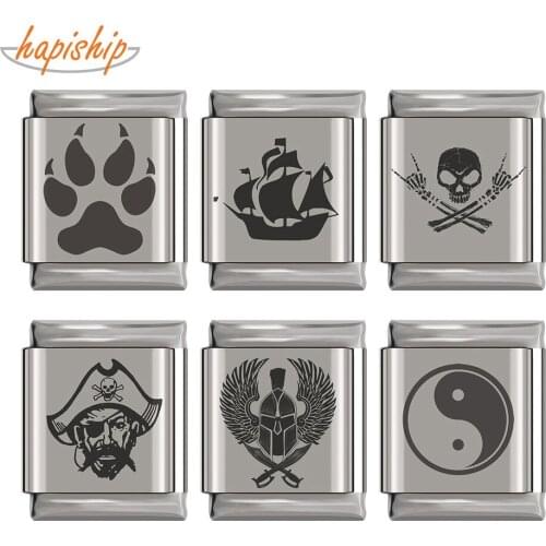 Hapiship Original Daisy Skull Tai Chi Pirate Captain Footprints Charm 13mm Bracelet Stainless Steel Jewelry Making DJ187