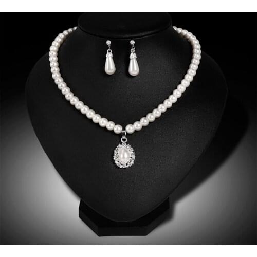 Water Drop Simulated Pearls Necklace Earrings Rhinestone Beads Bridal Jewelry Sets for Wedding Women